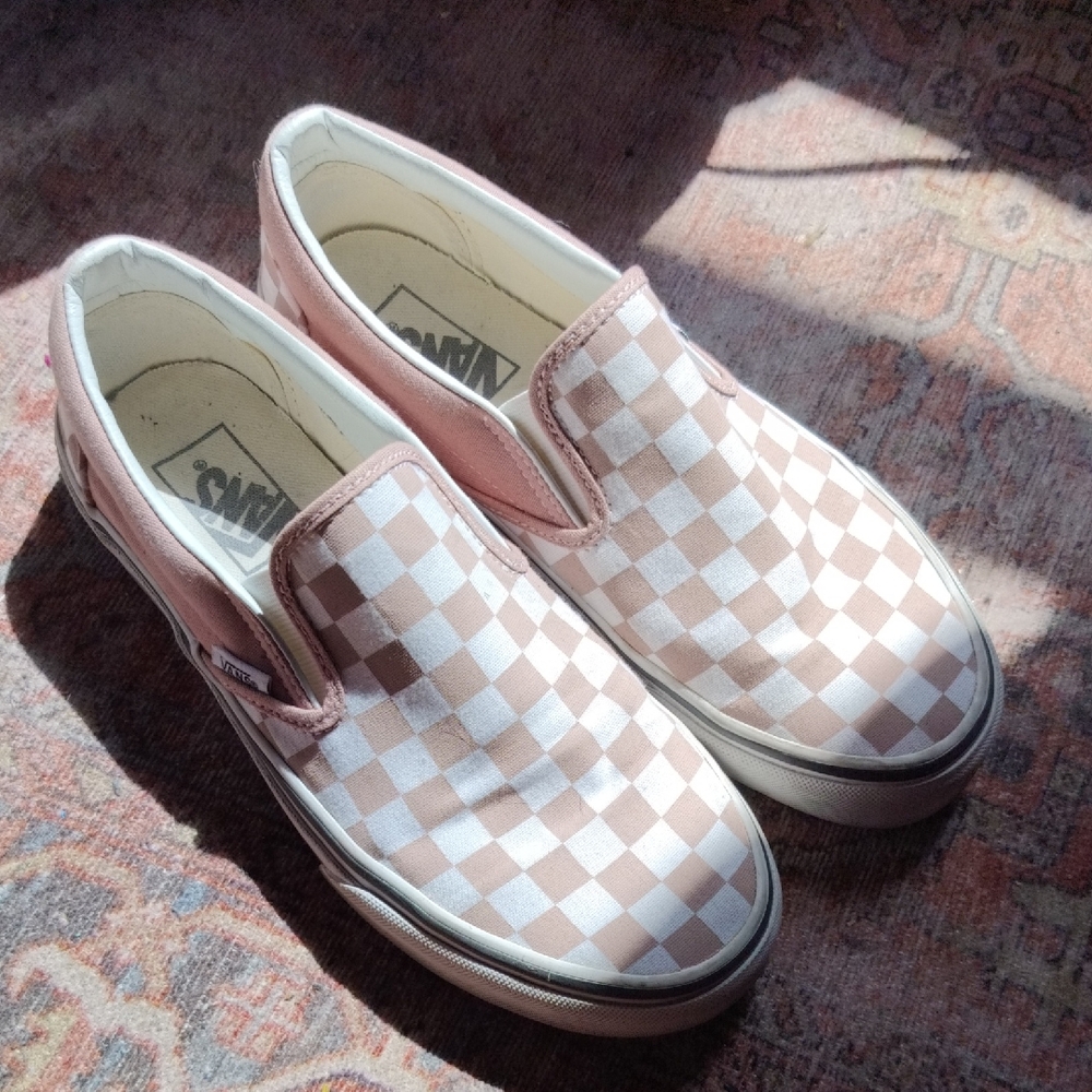 Vans Pink and White Checkerboard Slip-On Sneakers